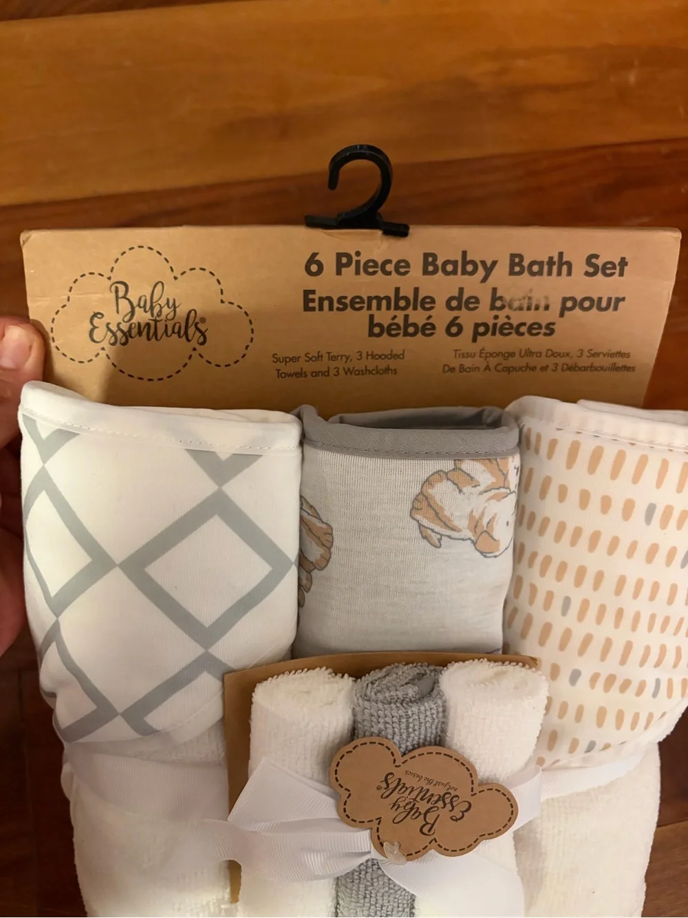 Baby Essentials Neutral Baby Bath Hooded Towel Set in White, Gray & Tan
